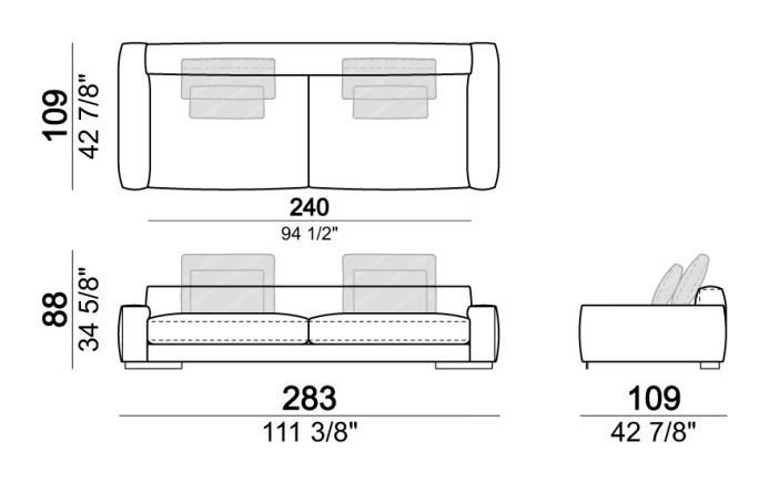 Atlas Sofa by Arketipo, size drawing: Sofa SLIM