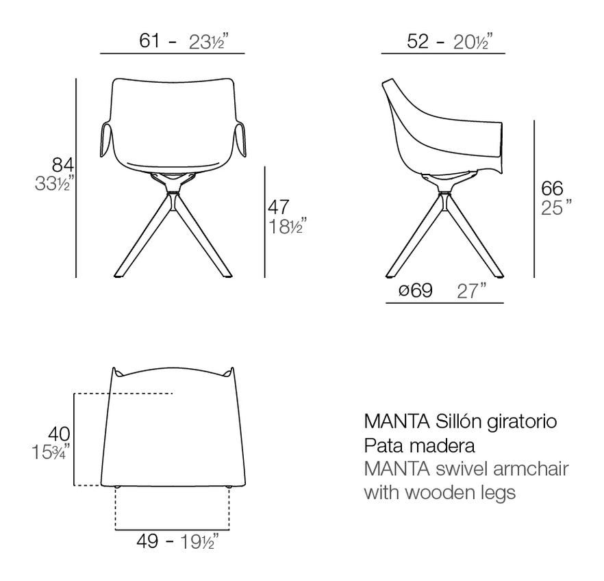 Manta Wooden Swivel Armchair by Vondom, size drawing