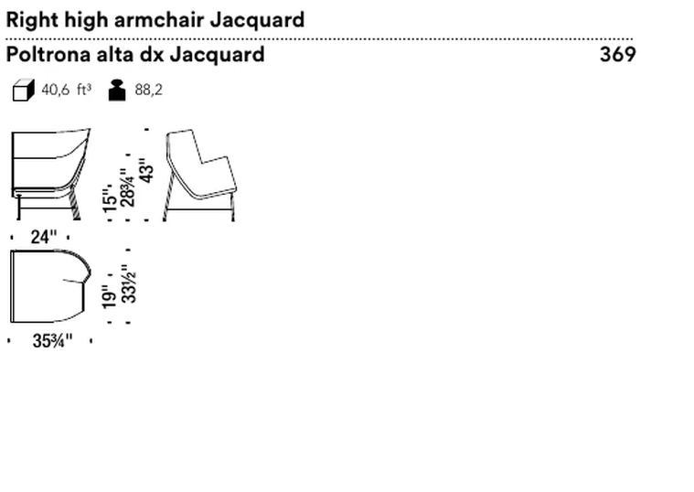 Paper Planes Armchair by Moroso, size drawing: Right high armchair Jacquard