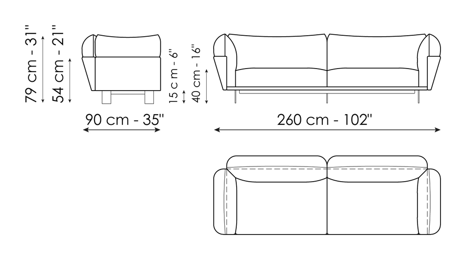 Blend Sofa by Bonaldo, size drawing: Sofa 260