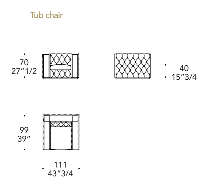 Ca’ d’Oro Poltrona Armchair by Reflex, size drawing