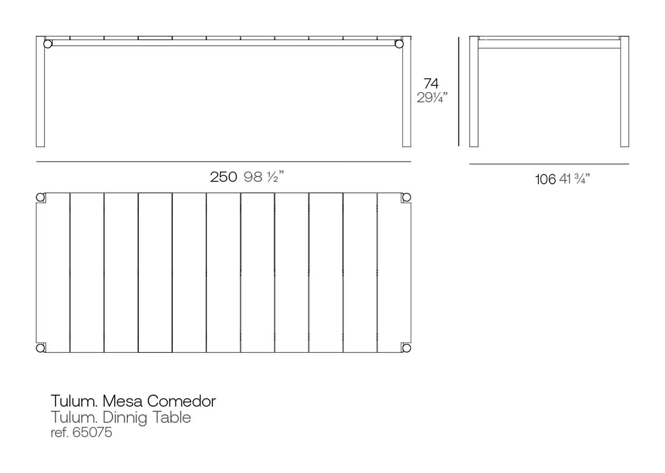 Tulum Dining Table by Vondom, size drawing