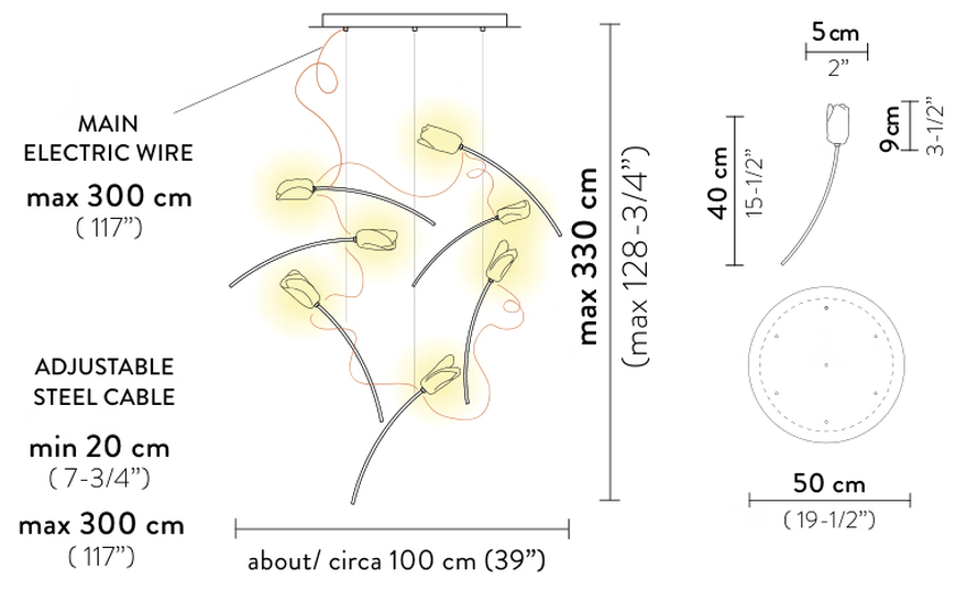 Tulip Pendant Lamp by Slamp, size drawing: Tulip Suspension 7 Round