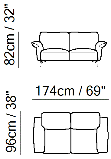 Milano Sectional by Natuzzi Italia: Two-seater sofa, outline drawing with sizes