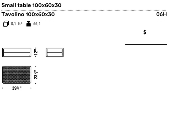 Tape Low Table by Moroso, size drawing: Small table 100x60x30