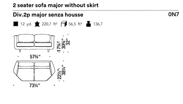 Big Mama Sofa by Moroso, size drawing: 2 seater sofa major without skirt