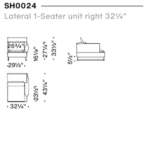 Shanghai Tip Sofa by Moroso, size drawing: Lateral 1-Seater unit right 82