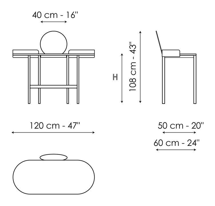 Asia Desk by Bonaldo, size drawing: Asia vanity