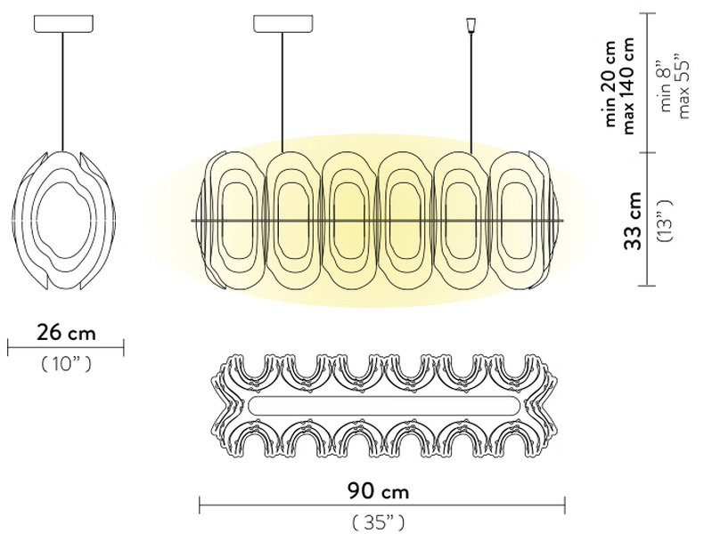 Fiordlys Pendant Lamp by Slamp, size drawing: Fiordlys Suspension Linear
