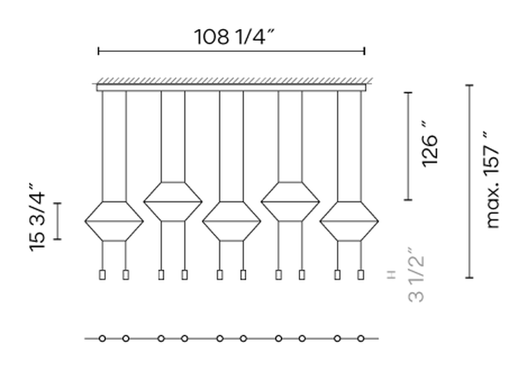 Wireflow Lineal Pendant Lamp by Vibia, size drawing: Model 0330