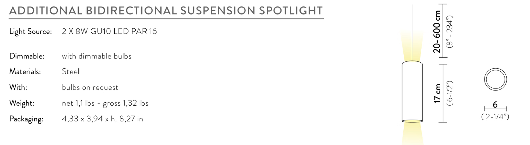 Nuvem Pendant System by Slamp, size drawing: Additional Bidirectional Suspension Spotlight