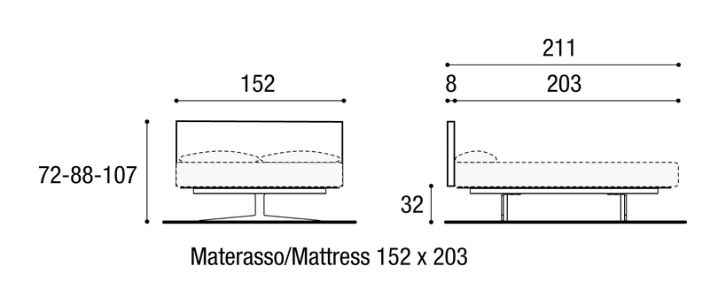 Steel Bed by Lago, size drawing: 1701