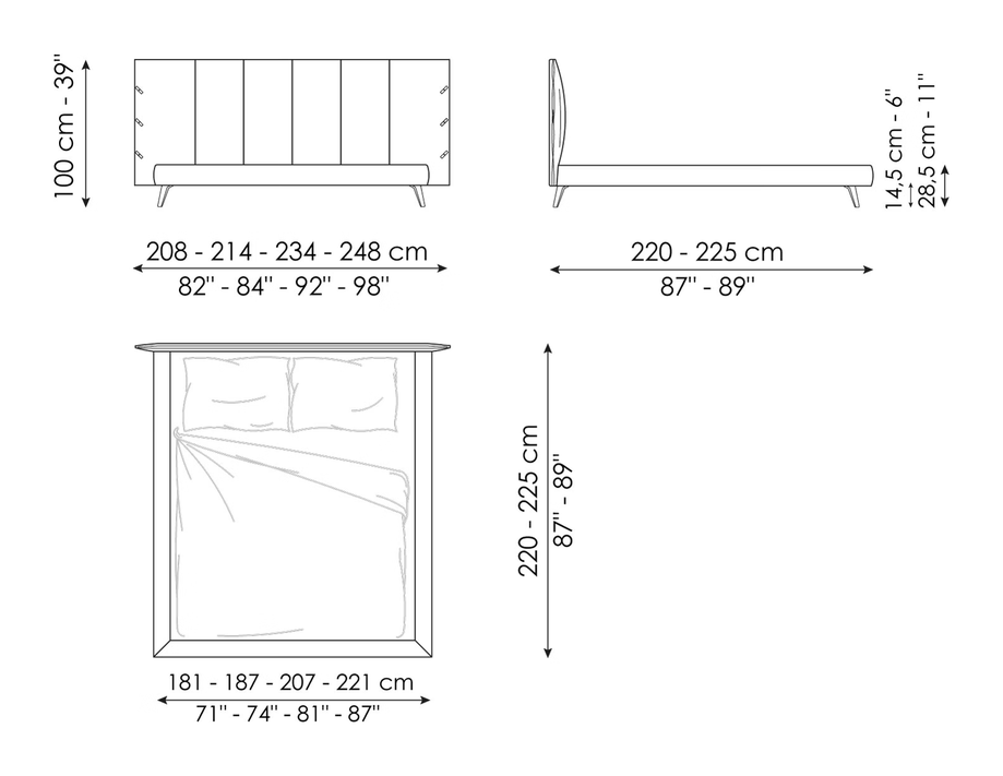 Cuff Double Bed by Bonaldo, size drawing: Cuff