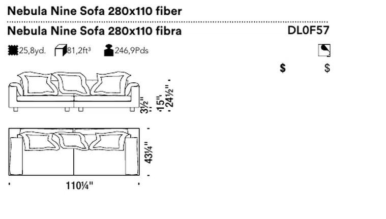 Nebula Nine Sofa by Moroso, size drawing: Nebula Nine Sofa 280x110 fiber