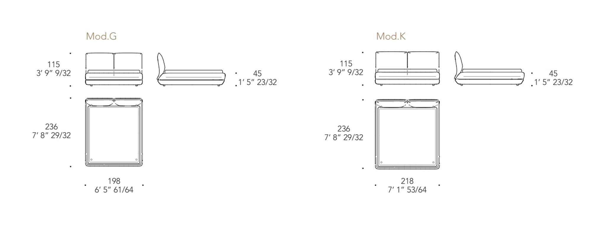 Orizzonte Letto Bed by Reflex, size drawing