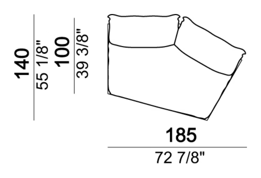 Wideboy Sofa by Arketipo, size drawing: Central unit with angle 30°, back cushions 95 cm