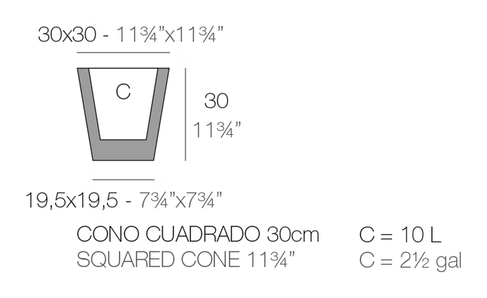 Cono Cuadrado Planter by Vondom, size drawing