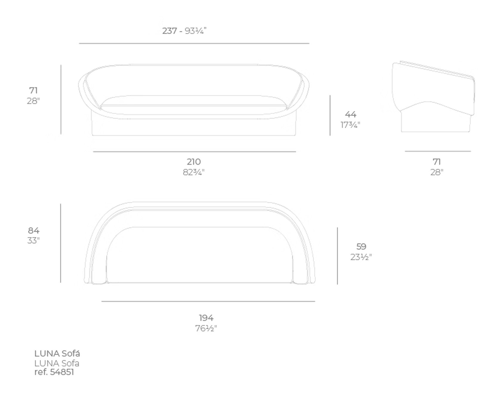 Luna Sofa by Vondom, size drawing