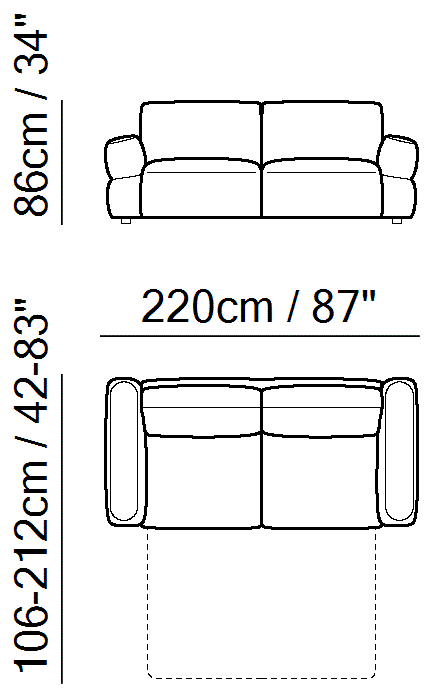Easy Sectional by Natuzzi Italia: 2.5-Seat Sofa Bed, outline drawing with sizes