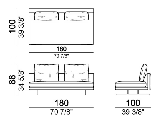 Moss Sofa by Arketipo, size drawing: Central unit, back cushions 70 cm