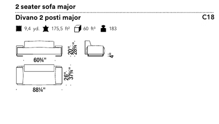 Lowland Sofa by Moroso, size drawing: 2 seater sofa major
