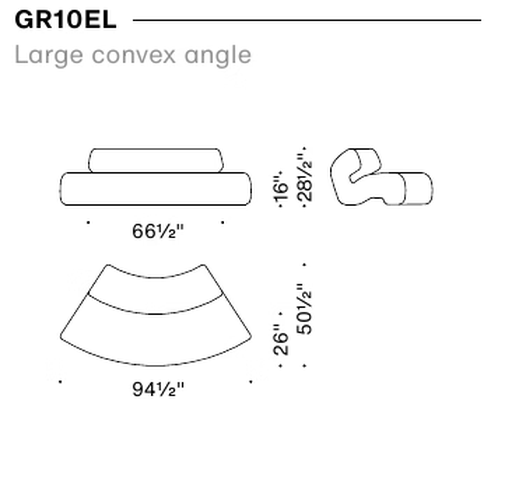 Gruuve Sofa by Moroso, size drawing: Large convex angle