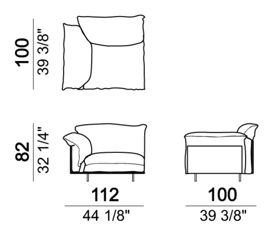 Wideboy Sofa by Arketipo, size drawing: Right or left unit, right or left corner unit, back cushion 95 cm