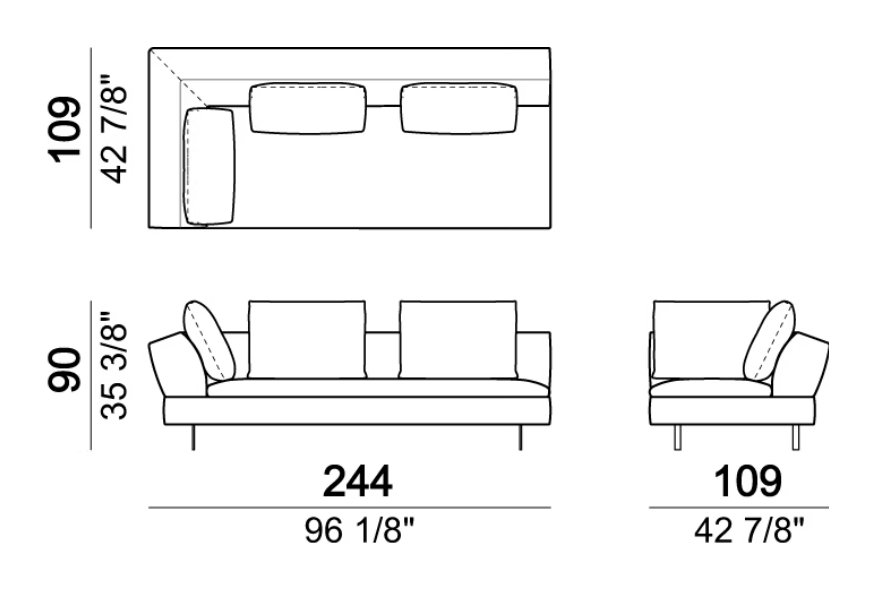 Good Times Sofa by Arketipo, size drawing: Right or left corner unit with back cushions 70 cm