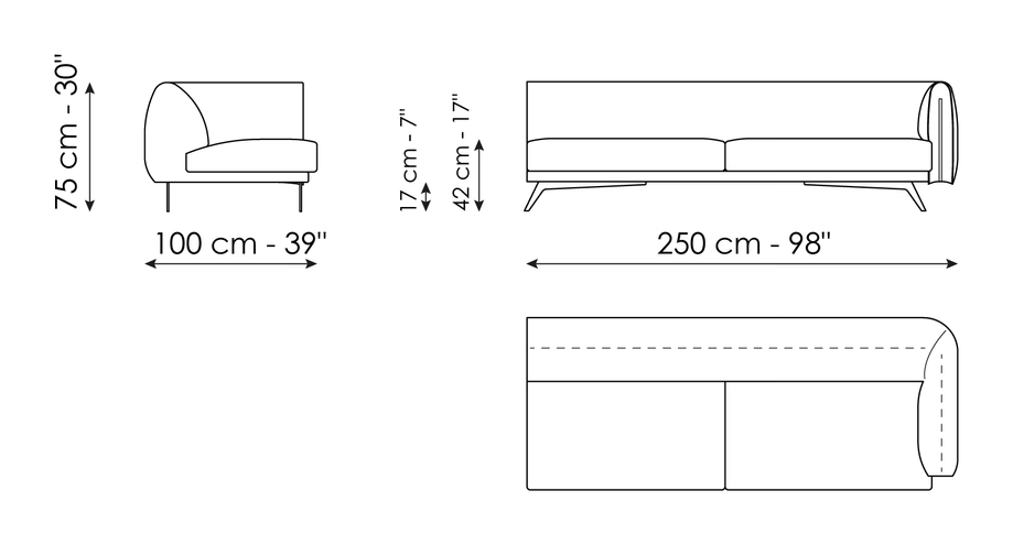 Saddle Sofa by Bonaldo, size drawing: End section sofa 250