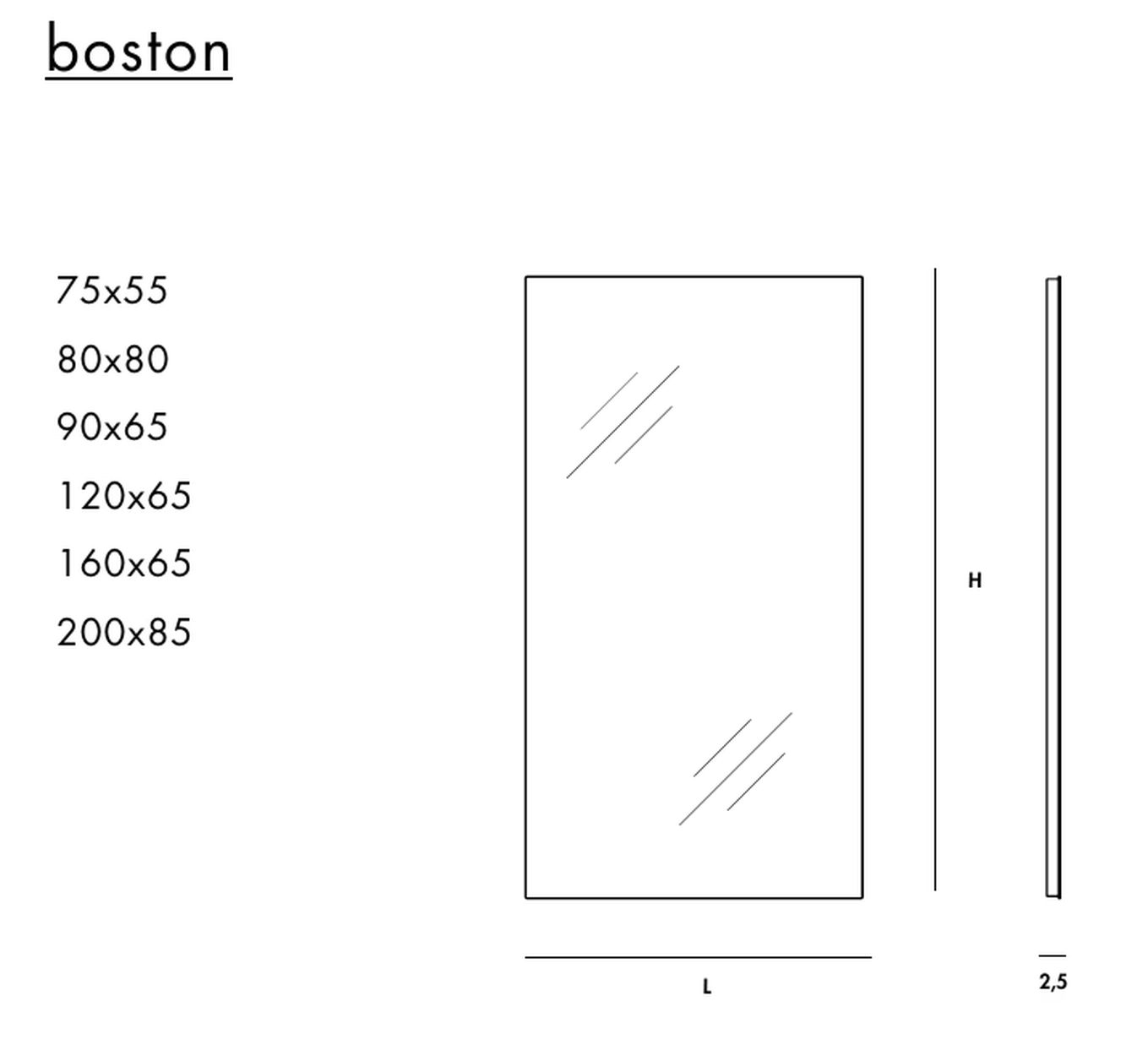 Boston Rectangular Mirror by Sovet, size drawing