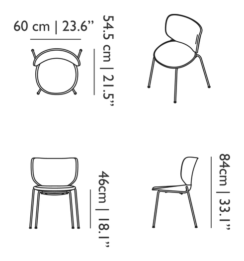 Hana Chair Upholstered by Moooi, size drawing: Stackable