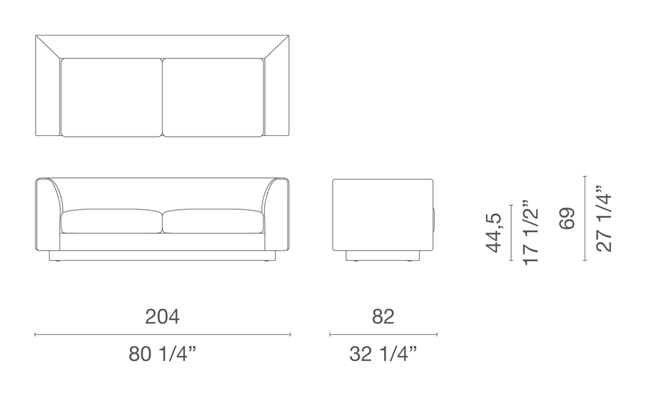 Elan 23 Sofa by Cappellini, size drawing: EVE2