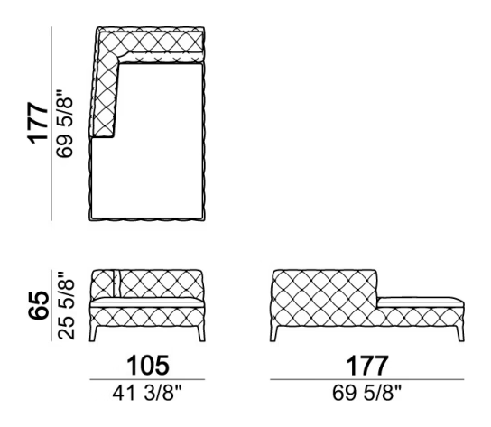 Windsor Sofa by Arketipo, size drawing: Chaise-longue with right or left short arm
