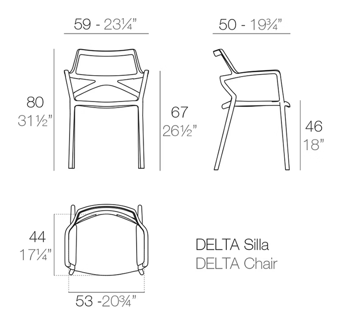Delta Chair With Armrests by Vondom, size drawing