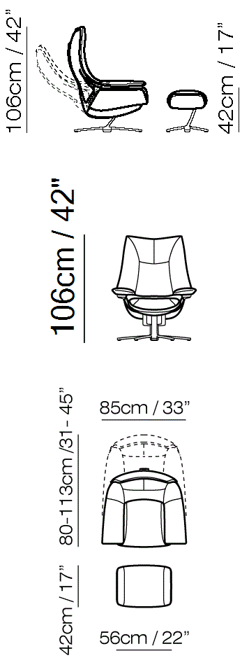 Re-Vive Casual Recliner by Natuzzi Italia: Re-Vive armchair with footrest, outline drawing with sizes