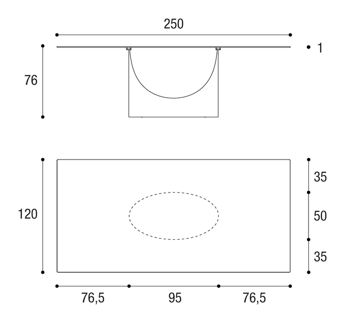 U Dining Table by Lago, size drawing: 2490G · 2490X