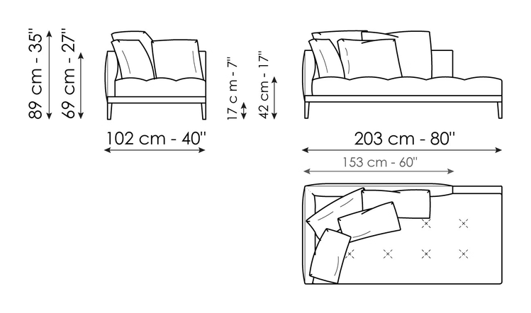 Soft Island Sectional by Bonaldo, size drawing: Chaise longue 203