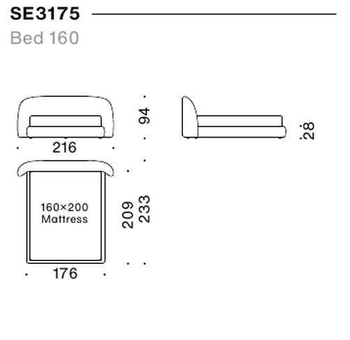 Sedona Edge Bed by Moroso, size drawing: Bed 160