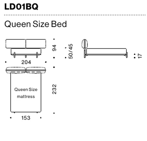 Tender Bed by Moroso, size drawing: Queen Size Bed