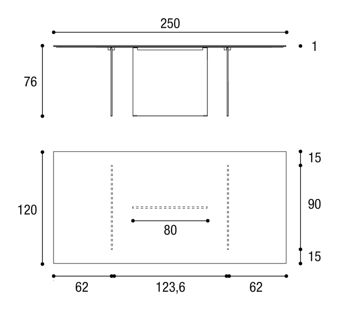 Stratum Dining Table by Lago, size drawing: 2470