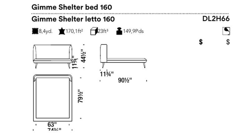 Gimme Shelter Bed by Moroso, size drawing: Gimme Shelter bed 160