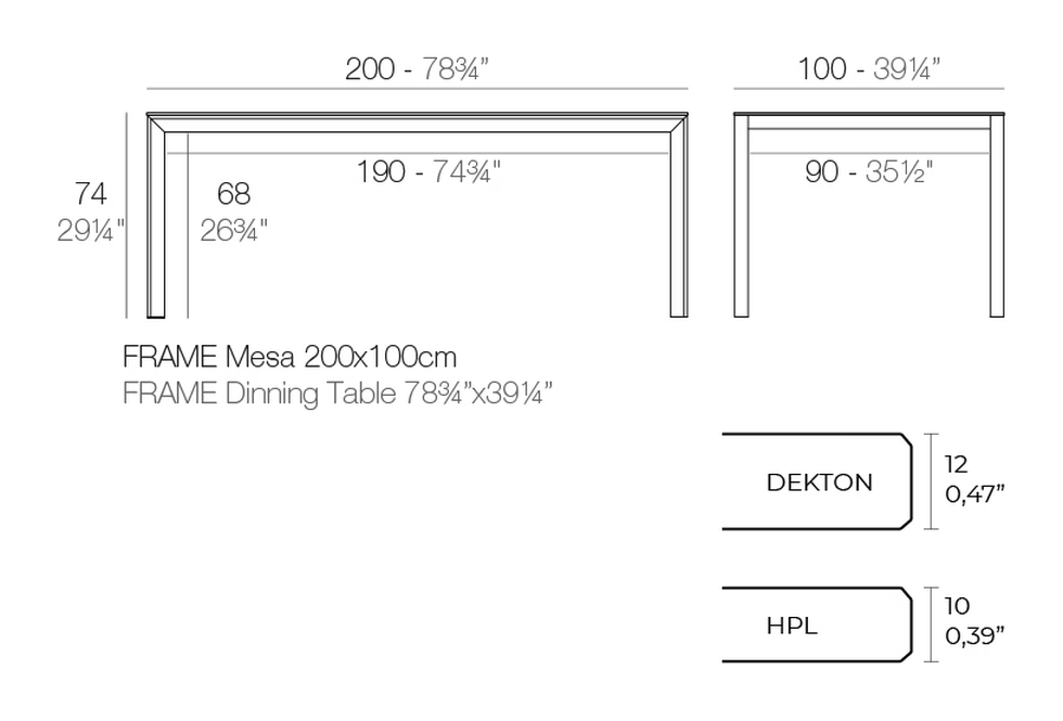 Frame Aluminum Dining Table by Vondom, size drawing