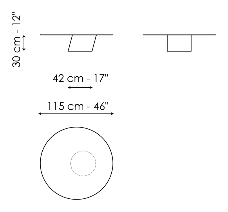 Pisa Coffee Table by Bonaldo, size drawing: Pisa Ø115 - version with top