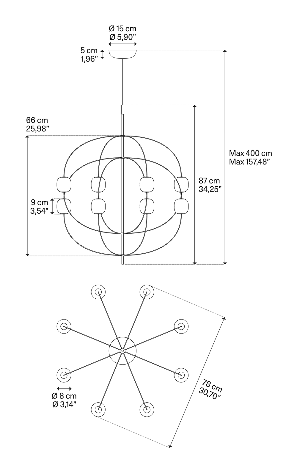 Axia Pendant Lamp by Lodes, size drawing