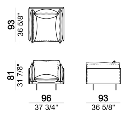 Auto-Reverse Sofa by Arketipo, size drawing: Armchair, back cushion 64 cm