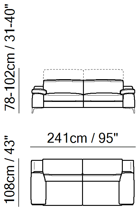 Duca Sectional by Natuzzi Italia: Three-seater sofa, outline drawing with sizes