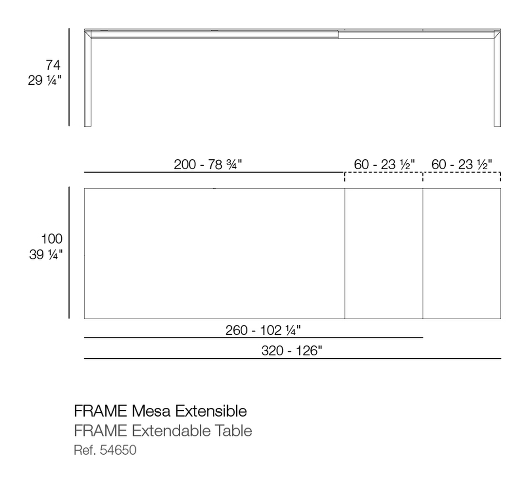 Frame Mesa Extensible Dining Table by Vondom, size drawing