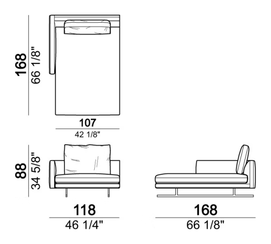 Moss Sofa by Arketipo, size drawing: Chaise-longue with right or left short arm, back cushion 80 cm