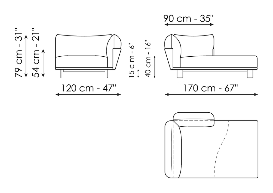 Blend Sofa by Bonaldo, size drawing: Chaise longue 170 x 120