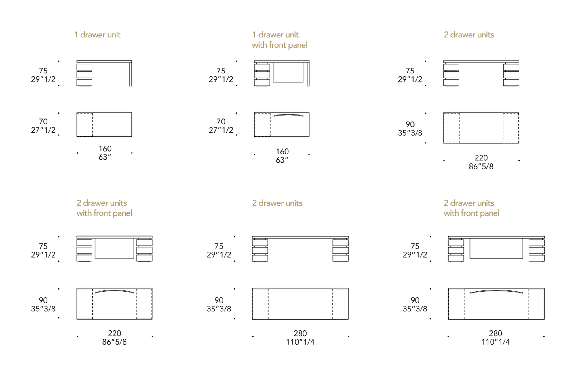 Luce Scrivania Desk by Reflex, size drawing